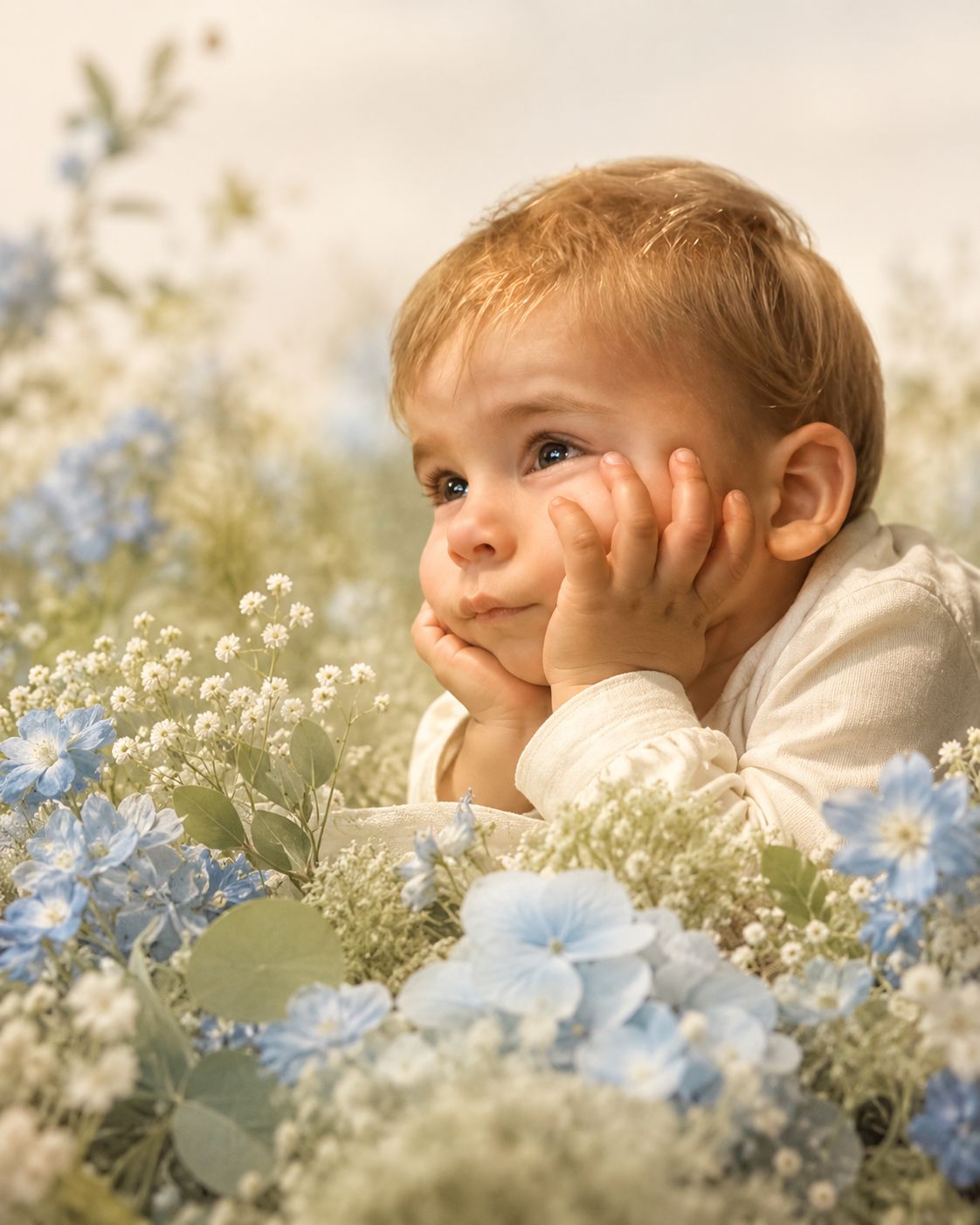El Niño de Oro entre flores azules